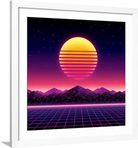 Vista 13 de ART.COM Wall Art Print Retro Futuristic Background 1980S Style. Digital Landscape in a Cyber World. Retro Wave Music Album on Black Frame by Kelvin