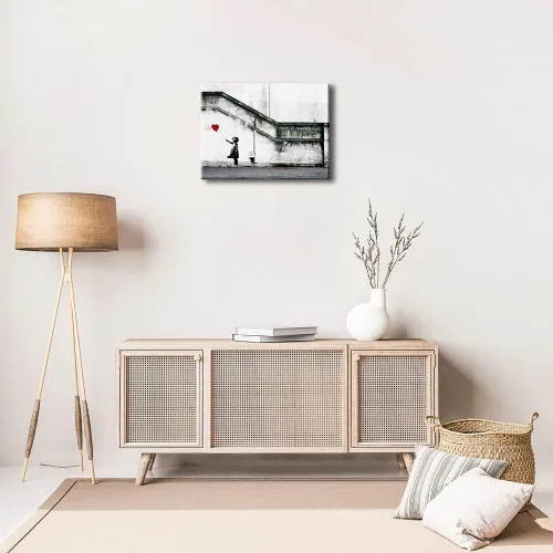 Vista 2 de Pyradecor Banksy Grafitti Girl with Red Balloon Grey Love Pictures Cuadros sobre lienzo, arte de pared moderno, impresiones en lienzo para sala