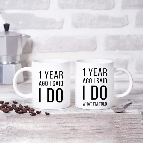 Vista 4 de Andaz Press Divertida taza de café de 11 onzas para parejas con texto en inglés "I Said I Do, I Said I Do What I'm Told", paquete de 2 con caja