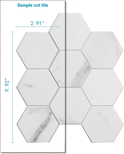 Vista 2 de COLAMO Azulejos hexagonales de piedra de Carrara blanca sintética para salpicaduras de cocina, azulejos adhesivos para decoración interior, mosaico