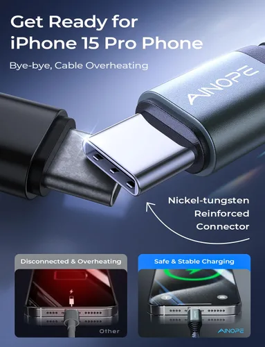 Vista 5 de Cable AINOPE USB C a USB C, Cable USB C de 1 Pie de Carga Rápida con Adaptador USB a USB C, Cable USB a USBC de 60W para iPhone 17 Pro Max Air, Gris