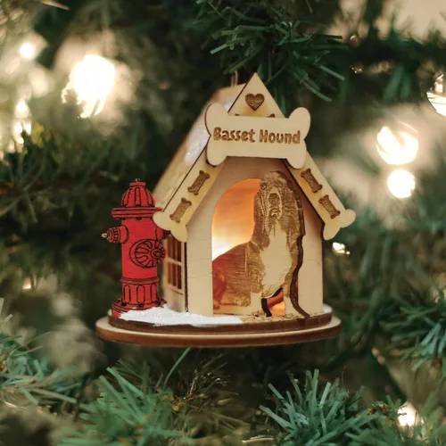Vista 2 de Basset Hound Dog Tea Light Display Adorno de Navidad de madera para árbol de Navidad