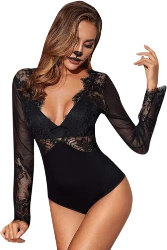 Vista 3 de SweatyRocks Body de manga larga con cuello en V y encaje sexy para mujer