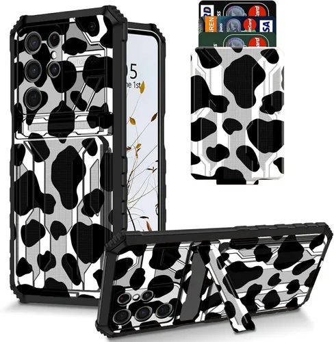 Vista 45 de Funda para Galaxy S21 FE 5G 2022 con soporte, funda de doble capa de policarbonato duro de TPU suave, estampado de vaca, estampado animal