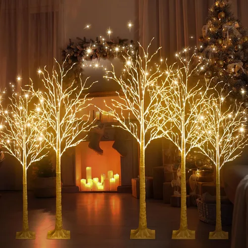 Vista 4 de Aurelema 6 piezas de árbol de abedul iluminado de 4 pies, 5 pies y 6 pies, 8 modos de Navidad, luces LED artificiales de color blanco cálido, árbol