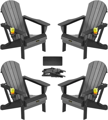 Vista 35 de Silla Adirondack Plegable, Sillas Adirondack de Plástico con Textura de Madera con 2 Portavasos, Silla para Hoguera de HDPE Resistente a