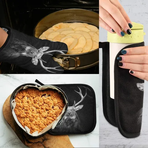 Vista 4 de Guantes de horno y soportes para ollas de ciervos sobre fondo oscuro, guantes de horno y soportes para ollas resistentes al calor, antideslizantes