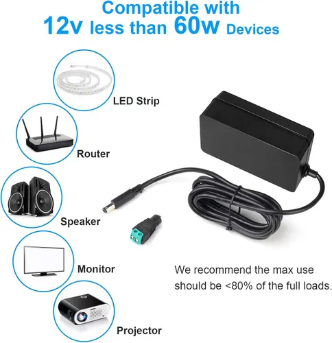 Vista 7 de Adaptador de fuente de alimentación de 12 V, transformador de fuente de alimentación de 100 V-240 V CA a 12 V 5 A con conector convertidor LED