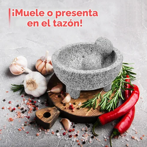 Vista 6 de Alpine Cuisine Juego de molcajete de mortero y mortero de granito de 8 pulgadas, granito sin pulir, tazón de molinillo de especias para salsa Piedra