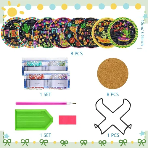 Vista 2 de Juego de 8 posavasos de pintura de diamantes con temática mexicana, posavasos de diamante para fiesta del Cinco de Mayo con soporte para adultos