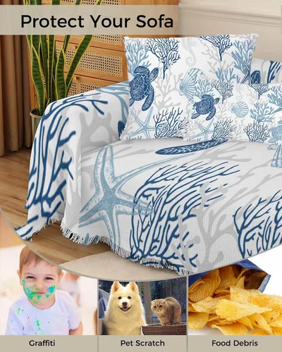 Vista 4 de Fundas de sofá de color azul y gris costero coral para perros, funda lavable para sofá, fundas individuales para sillón, fundas individuales