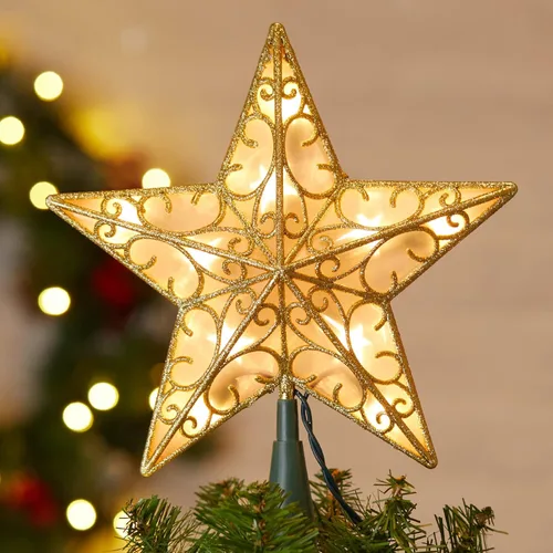 Vista 8 de Decoración para árbol de Navidad, estrella 3D con purpurina plateada, diseño hueco de metal, 10 lámparas integradas para interiores, oficina