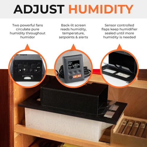 Vista 2 de Humidificador electrónico Cigar Oasis para gabinete / armario Humidificador LCD humidity and temperature display, Sensor-controlled fan
