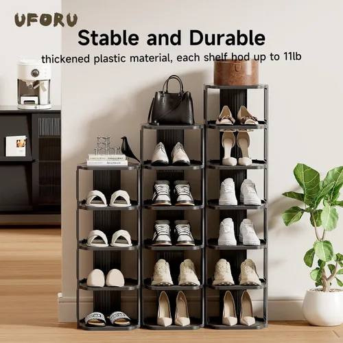 Vista 5 de UFORU - Zapatero pequeño, organizador de zapatos vertical de 5 niveles de plástico para espacios pequeños y estrechos, organizador de zapatos Negro