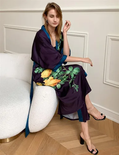 Vista 5 de Batas largas de seda para mujer, batas largas de satén, batas de kimono largas, batas florales sedosas, talla única