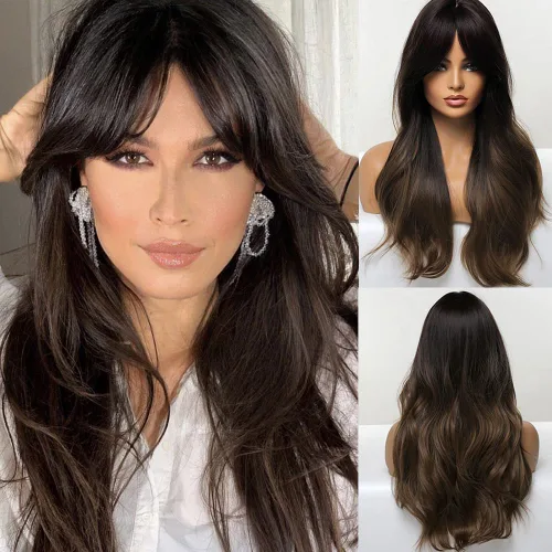 Vista 22 de HAIRCUBE Pelucas Auburn para Mujeres, Pelucas Largas en Capas Naranjas con Flequillo, Pelucas de Fibra Sintética Resistentes al Calor