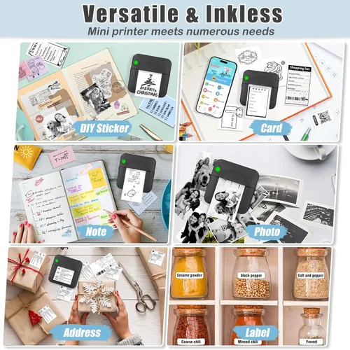 Vista 3 de Zeacool - Mini impresora de adhesivos, mini impresora térmica de bolsillo con 11 rollos de papel, impresora inalámbrica sin tinta Bluetooth