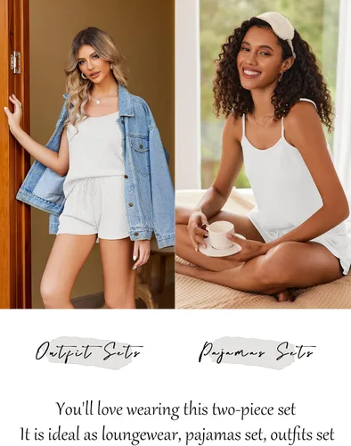 Vista 5 de Ekouaer Pijamas para mujer, de punto gofre, conjuntos de ropa de descanso, camisola y pantalones cortos, tallas S-XXL