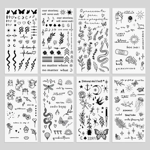 Vista 8 de 8 hojas de calcomanías falsas impermeables temporales para tatuajes temporales, más de 100 diseños bonitos para manos, fresa, serpiente, luna, hoja