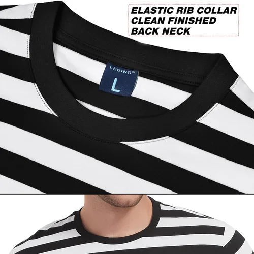 Vista 3 de LEDING Camisa para hombre a rayas, color negro, blanco, algodón, elastano, cuello redondo, manga larga, básica, a rayas, casual, camiseta de cuello