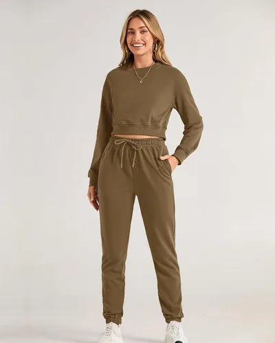 Vista 26 de BTFBM Conjunto deportivo de 2 piezas para mujer, camiseta corta de manga larga, sin botones, pantalón con cordón ajustable, pantalones deportivos