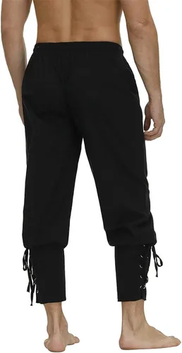 Vista 4 de Pantalones medievales de tobillo cónico con puños cónicos para hombre, disfraz vikingo, navegante, pirata, renacentista, gótico, pantalones casuales