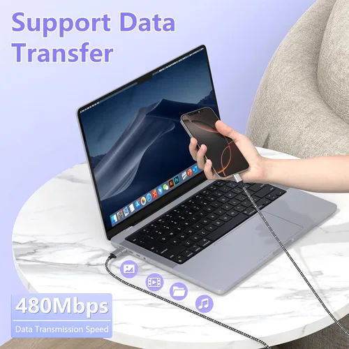 Vista 4 de Cable de carga largo USB-C 3 en 1 para iPhone 15/16, 3M/10 pies, 60 W, USB-C+USB-A a tipo C, cable de carga de datos trenzado de nailon para Apple