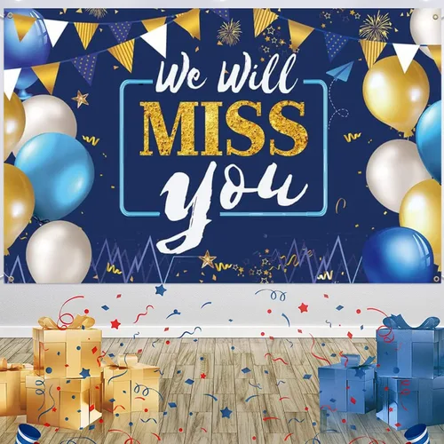 Vista 4 de Decoraciones de fiesta con texto en inglés "We Will Miss You", pancarta de fondo para fiesta de jubilación, pancarta de despedida de oficina, fiesta