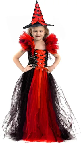 Vista 6 de Camlinbo Halloween Witch Dress with Hat for Girls Dress Up Party Halloween Witch Costumes for Girls 3-10 Years
