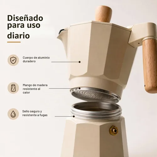 Vista 4 de ANGORA BRANDS Vondra - Olla de aluminio para moka (2 a 6 tazas), cafetera espresso para estufa, cafetera italiana clásica, cafetera percoladora