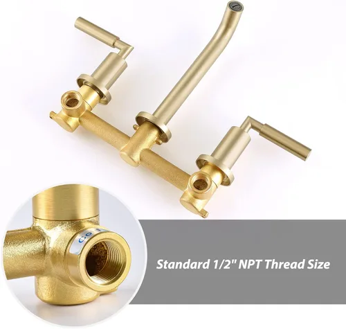Vista 4 de RBROHANT RB0736D - Grifo de montaje en pared dorado con drenaje desplegable para fregadero sin desbordamiento, grifo de fregadero de baño de doble
