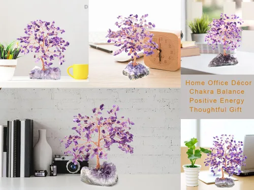Vista 5 de Árbol de la Vida de Cristal de Gemas de Chakra Hecho a Mano, Amatista Natural con Base de Racimo de Amatista, Decoración Feng Shui Bonsái Árbol