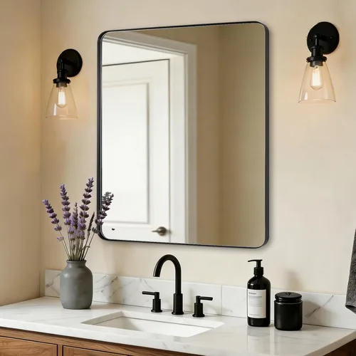 Vista 49 de ANDY STAR Espejo de pared cuadrado para baño, espejo de baño negro mate de 24 x 24 pulgadas, espejo de metal de esquina redondeada en marco de acero