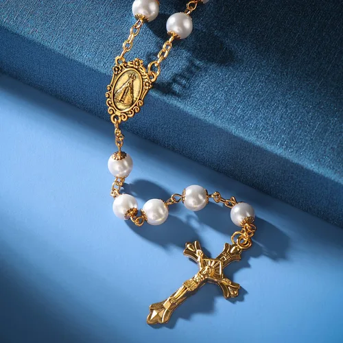 Vista 3 de Collar de rosario con cuentas de perlas católicas, medalla milagrosa y rosario de cruz para mujer