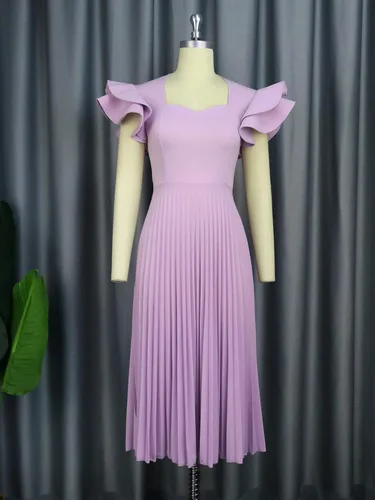 Vista 4 de AOMEI Vestido midi elegante plisado con cuello cuadrado y mangas con volantes para mujer
