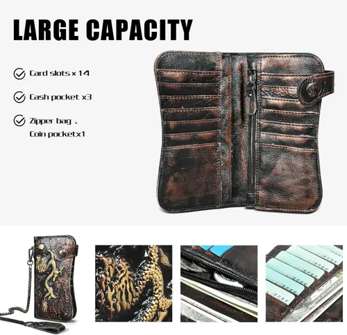 Vista 4 de Handadsume Genuino caballo loco cuero viaje regalo moneda bolsillo tarjeta caso largo organizador cadena Rfid monedero con broche para hombres