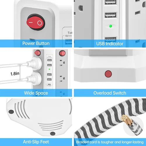 Vista 6 de Regleta de alimentación de torre con PD20W USB C, estación de carga de cable de extensión de escritorio de 6 pies con 12 tomas de corriente alterna