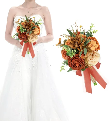 Vista 10 de Ramos de novia bohemios para boda, ramos de 9 pulgadas de flores artificiales para decoraciones de centro de mesa de ceremonia y aniversario, rosas