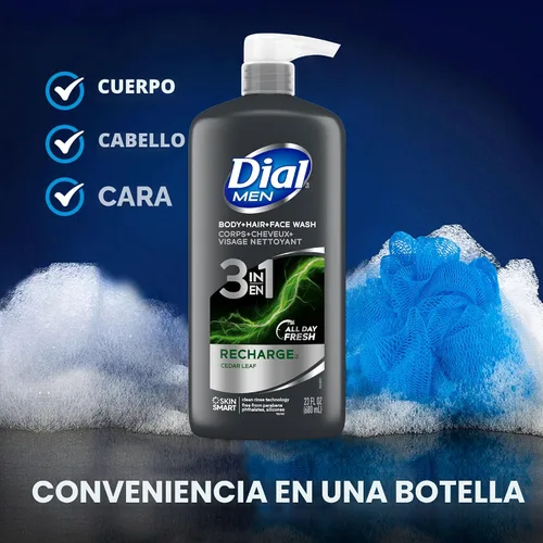 Vista 4 de Dial Lavado corporal 3 en 1 para hombre, cabello y cara, recarga, 23 onzas líquidas, paquete de 3 Total 69 Fl Oz, clean rinse technology