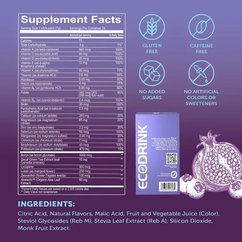 Vista 2 de Mezcla multivitamínica completa para bebidas ECODRINK sabor a arándanos y granada, paquete con 30 sobres (no incluye botella)