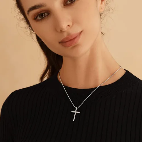 Vista 4 de Collar de cruz para mujeres y hombres, de acero inoxidable, chapado en oro de 18 quilates, cadena de caja con colgante de cruz negra, plata simple