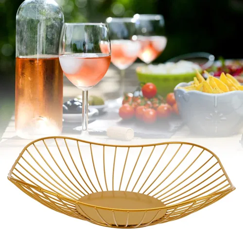 Vista 4 de Cyrank Frutero de alambre de metal, cesta de frutas de alambre dorado, diseño de hoja de loto, cuenco de frutas para encimera de cocina, tazón