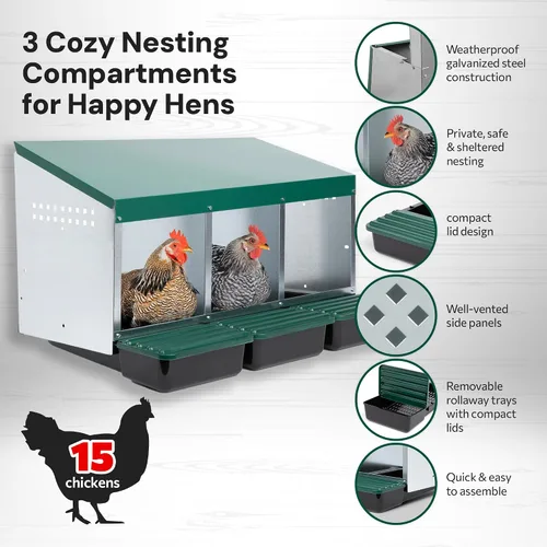 Vista 2 de Homestead Essentials Caja anidable de 3 compartimentos de estilo compacto, despliegue hacia adelante y Rollaway, gallina y pollo con tapas