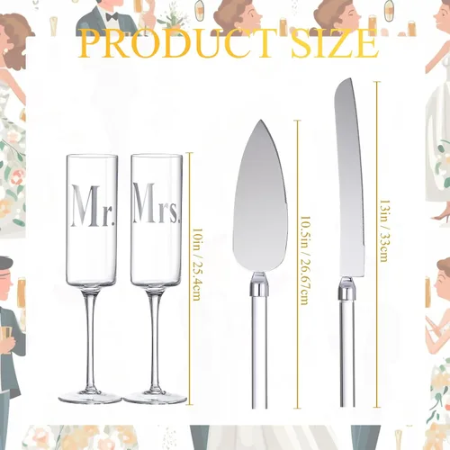 Vista 2 de Boao Juego de 4 flautas para tostadas de boda y servidor de tartas, suministros de recepción de boda, cilindro, copas de champán, cuchillo para Claro