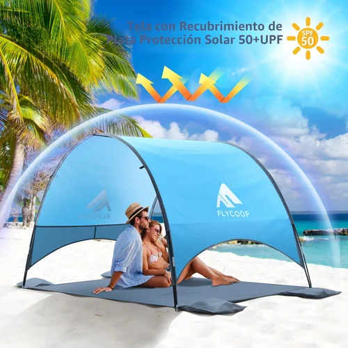 Vista 4 de Toldo para sombrilla de playa mejorado 2026 con protección UV UPF 50+, tienda de playa portátil para sol, ventilación de 360°, 4 bolsas de arena