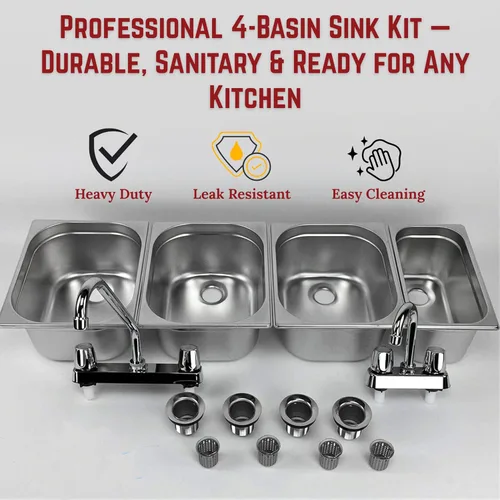 Vista 6 de 3 grandes + 1 pequeño lavado a mano, fregadero de acero inoxidable con 4 compartimentos Portable 3 Large + 1 Small sink with Dual faucet, bar
