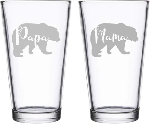 Vista 2 de Parent Bear Negative Space Text Silhouette - Vasos de pinta grabados con láser para cerveza, 16 onzas (oso de mamá)