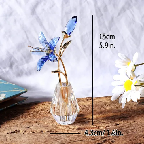 Vista 4 de Ornalrist Flores de lirio de tigre de cristal con jarrón, tallo de metal, flor de lirio azul, regalos coleccionables para mujeres, figuras florales