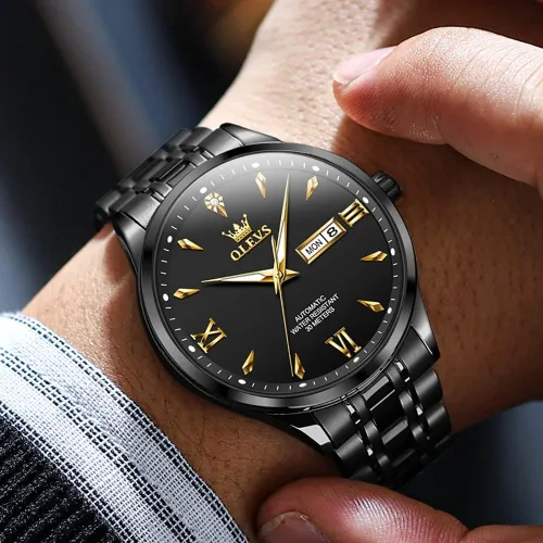 Vista 2 de OLEVS Reloj automático para hombre con calendario mecánico de cuerda automática, impermeable, de acero inoxidable, luminoso, de lujo, vestido