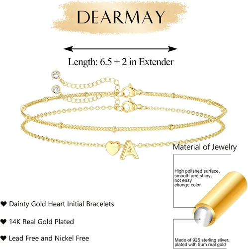 Vista 3 de DEARMAY Delicadas pulseras de oro con inicial de corazón para mujer, a la moda, de oro real de 14 quilates, pulsera con dije de letra, joyería linda